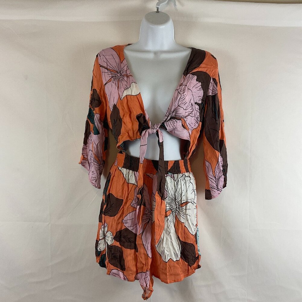 Maaji Orange Floral Tie-Front Romper with Pink & Brown Accents
